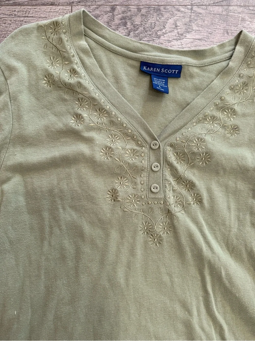 Karen Scott long sleeve olive and blue tops